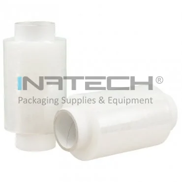 Стрейч-плёнка в мини-рулонах, длина 150 м, ширина 100 мм, ручное использование, толщина 15 мкм, цвет прозрачный, диаметр трубы 38 мм, длина трубы 140 мм.