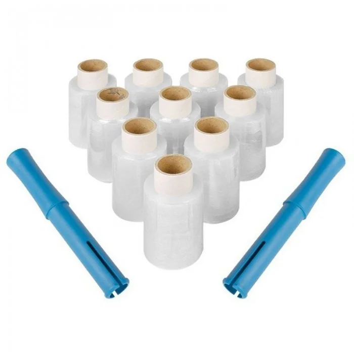 Kit Starter 10 Mini Role Folie Stretch Lungime 150 m, Latime 100 mm, Dispenser DA, 2, Grosime 15 my, Culoare Transparent, Rol...