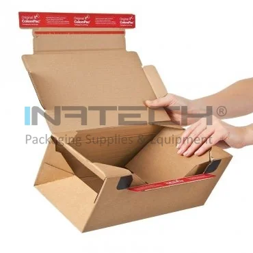 Автоформирующиеся и автозапечатывающиеся коробки ColomPac® с возвратной системой, длина 282 мм, ширина 191 мм, высота 90 мм, цвет натуральный, система запирания - 2 x двухсторонняя клейкая лента.