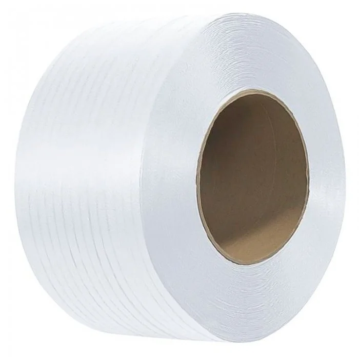 Banda De Legat Din Poliester Lungime 400 m, Latime 13 mm, Rezistenta La Rupere 500 kgf, Culoare Alb-Benzi Pentru Legare Si Pa...