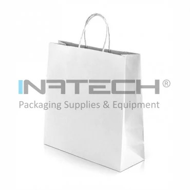 Бумажные пакеты с закрученной ручкой, белые/натуральные, размеры 240 х 110 х 260 мм, тип ручки - веревка, материал - бумага 90 гр/м2, цвет - белый, 100 штук в упаковке.