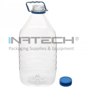 Пластиковый контейнер квадратной формы, тип крышки - простой, диаметр резьбы 48 мм, ручка ДА, объем 5000 мл, прозрачный цвет, 12 штук в упаковке.