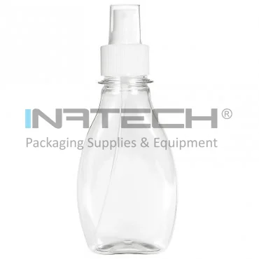 Пластиковый контейнер в форме торпеды, тип крышки - спрей, диаметр резьбы 28 мм, без ручки, объем 100 мл, цвет прозрачный, 10 штук в упаковке.