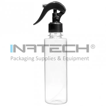 Пластиковый контейнер круглой формы, тип крышки - мини-триггер, диаметр резьбы 28 мм, ручка - нет, объем 250 мл, цвет прозрачный, 12 шт./упаковка.