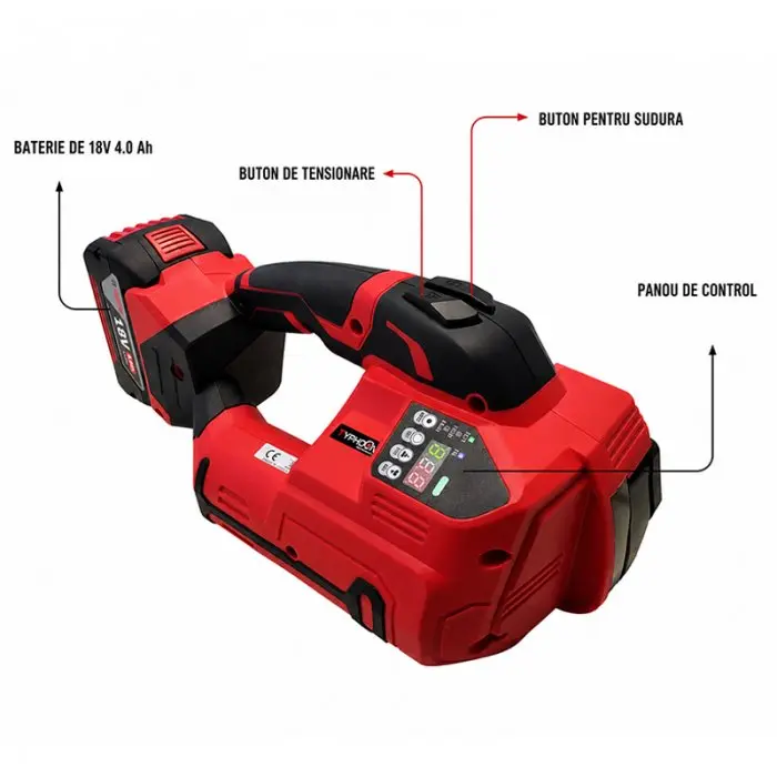 Aparat De Legat Banda PP/PET Cu Acumulator Origine Italia, Acumulator Bosch 18V, 4Ah, Banda PP / PET 13-16 mm, Grosime Banda 0.50-1.20 mm, Maner NU, Greutate 3.9 kg, Sistem Sigilare Prin Frictiune
