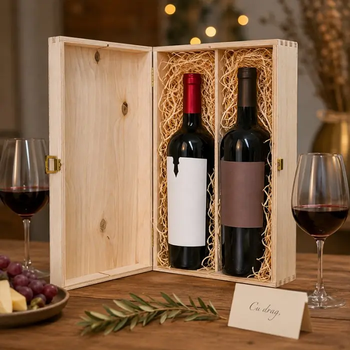 Cutie Din Lemn Pentru 2 Sticle De Vin Lungime 335 mm, Latime 185 mm, Inaltime 95 mm, Capac Cu balamale, Material Lemn, Culoare Natur