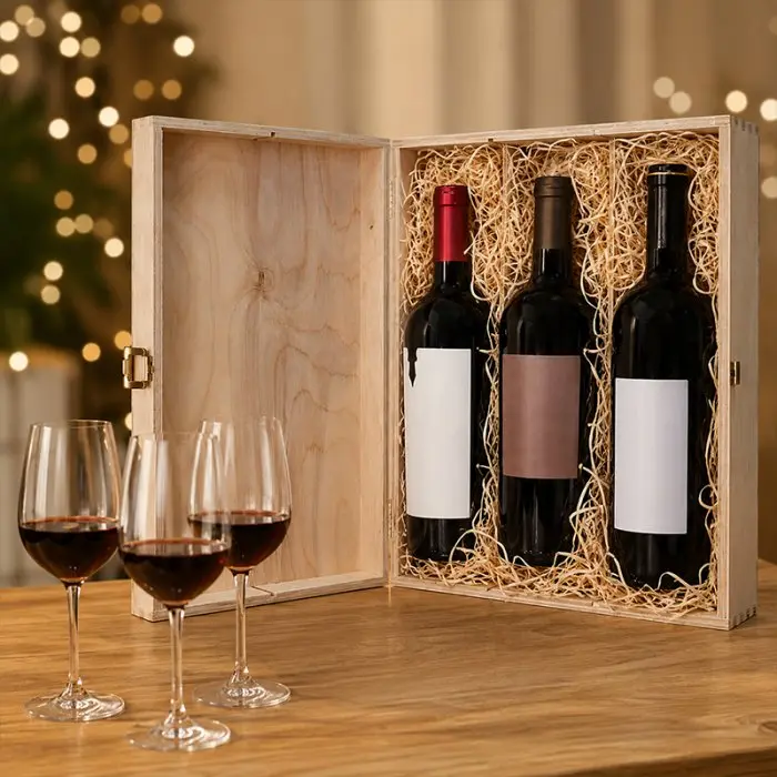 Cutie Din Lemn Pentru 3 Sticle De Vin Lungime 335 mm, Latime 270 mm, Inaltime 95 mm, Capac Cu balamale, Material Lemn, Culoare Natur