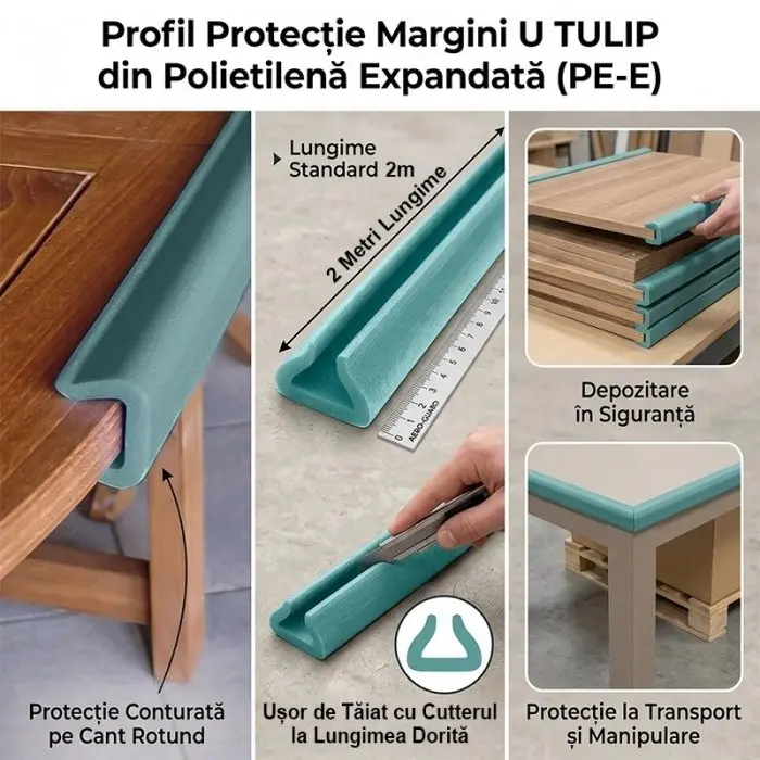 Profil Din Spuma PEE, U Tulip Lungime 1000 mm, Dimensiuni A-B-C-D 16 x 7 x 3 x 29 mm, Culoare Verde, Metri / Pachet 100-Polie...