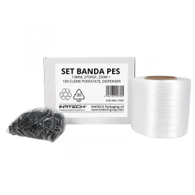 Set Banda PES 13 mm, 375 KGF, 250 m, Cutie Dispenser cu Derulare + 100 Cleme Fosfatate-Banda PET