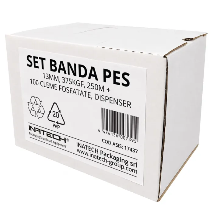 Set Banda PES 13 mm, 375 KGF, 250 m, Cutie Dispenser cu Derulare + 100 Cleme Fosfatate-Banda PET