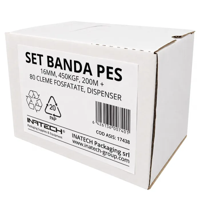 Set Banda PES 16 mm, 450 KGF, 200 m + 80 Cleme Fosfatate, Cutie Tip Dispenser-Benzi Pentru Legare Si Paletizare