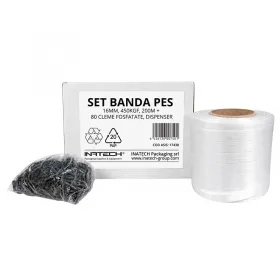 Set Banda PES 16 mm, 450 KGF, 200 m + 80 Cleme Fosfatate, Cutie Tip Dispenser-Benzi Pentru Legare Si Paletizare