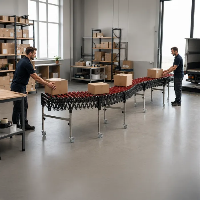 Conveior Pliabil Cu Role Si Roti, Lungime variabila 1200-4500 mm, Latime 500 mm-Accesorii Masini Pentru Ambalat Colete