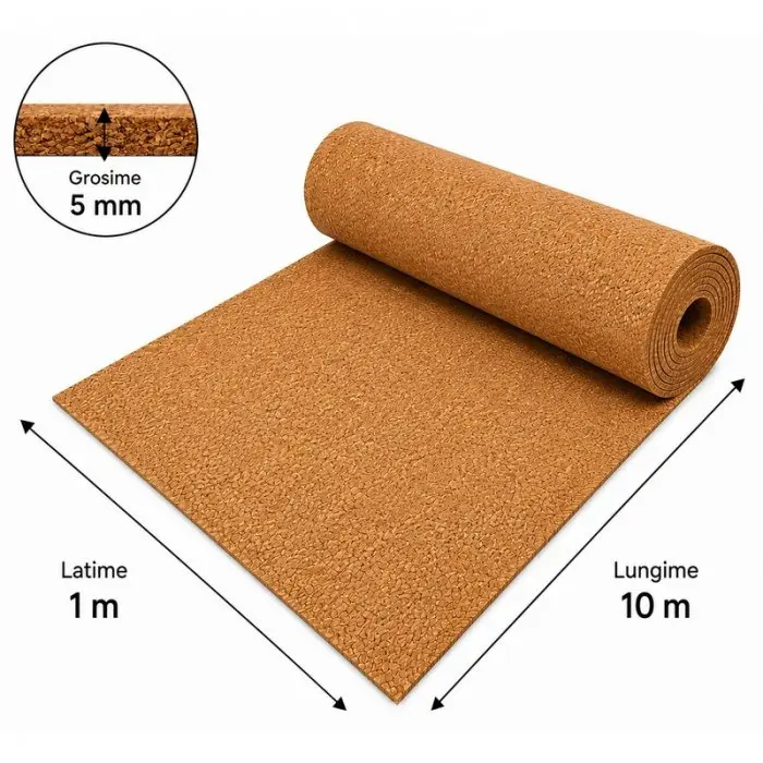 Izolator Pluta Naturala ECO, 10 m²/rola Lungime 10 m, Latime 1 m, Grosime 5 mm, Material Pluta, Culoare Maro