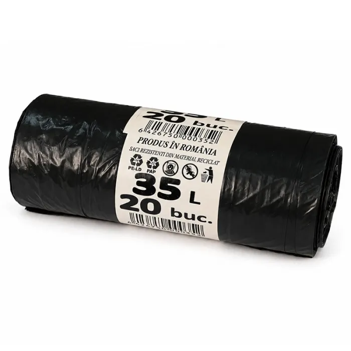 Saci Menajeri Din LDPE Reciclat Tip Sac Subtire, Litri 35, Grosime 15 my, Dimensiuni 500x600 mm, Culoare Negru, Saci/Rola 20-...