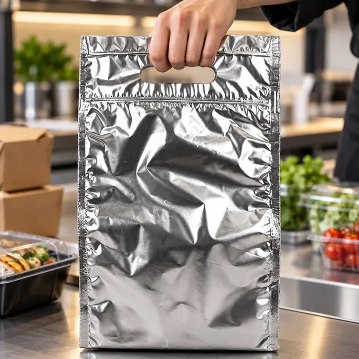 Punga Termoizolanta Cu Fermoar Isothermal Pouch Dimensiuni 200  X 250 mm, Clapeta 70 mm, Culoare Argintiu, Tip Cu Maner si Zip