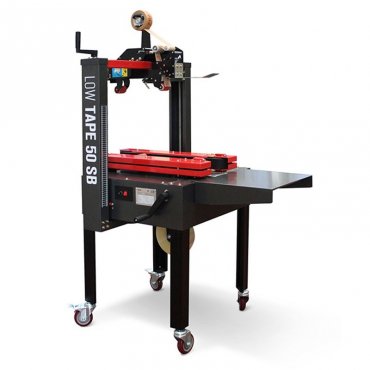 Полуавтоматическая машина для упаковки коробок Low Tape 50 SB, скорость упаковки 20 м/мин, тип ленты BOPP / PVC / Kraft, питание 220 В - 50/60 Гц, максимальный размер коробки (мм) 350 x 450 мм, вес 130 кг.