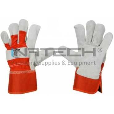 Manusi de lucru FUJI Marime 10/XL, Material piele despicata-tesatura denim, Greutate 90GR/Manusa gr, Culoare piele alba-tesatura galben